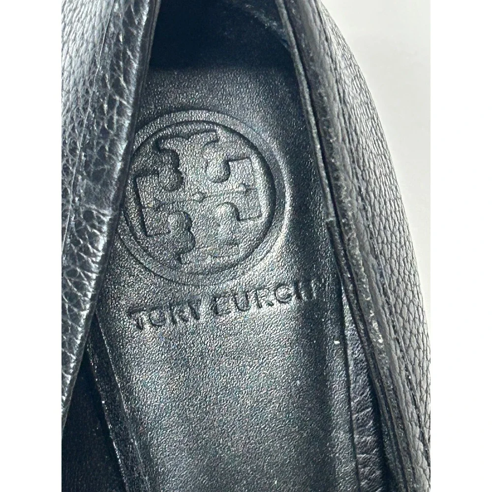 Tory Burch Black Pebbled Leather Wedge Pumps Gold Logo Buckle Womens 9.5M